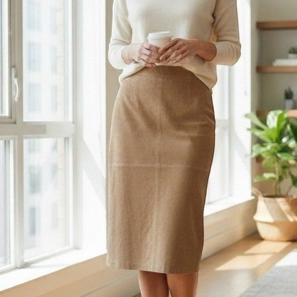 A.M.I. Washable Suede Maxi Skirt‎ Women 14W Caramel Back Slit Western Minimalist